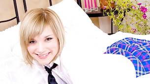 Superior and shiny crazy ass teen chick lying on bed in her sexy school uniform