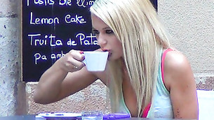 Golden haired yummy girl is having a nice cup of coffee before dirty sex